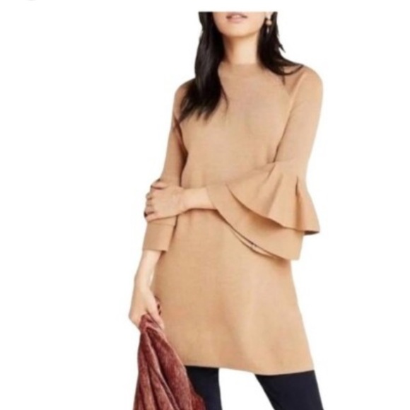 Anthropologie Dresses & Skirts - Anthropologie Claudette Ruffle Sleeve Sweater Dress tan with gold fleck